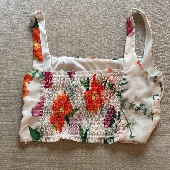 Satin Floral Square Neck Ruched Smocked Crop Top Bustier White Size M - Picture 5 of 8